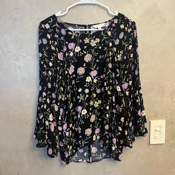 LC Lauren Conrad Boho Floral Bell Sleeve Blouse Medium Ruffle Flutter Sleeve - Picture 3 of 12